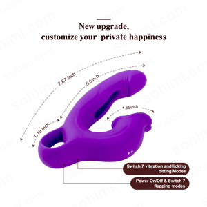 Purple silicone female vibrator with text on a green background