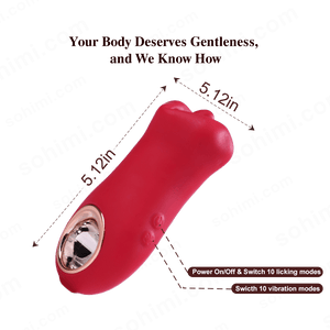 Red and gold sex toy with text about gentleness on a green background