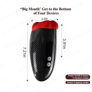 Black and Red Male masturbator with dimensions and features on a green background with 'sohimi.com' branding.