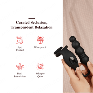 Black electronic device held by a hand with branding and product features on a green background.