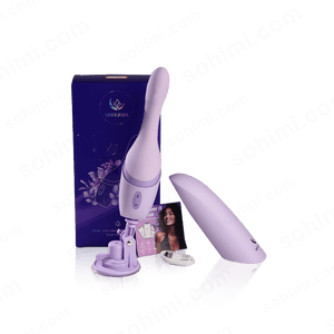Purple electronic device with packaging on a green background with 'sohimi.com' text.