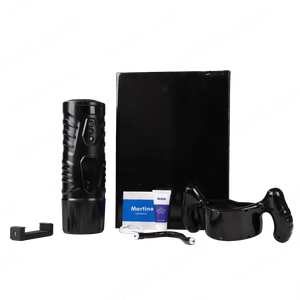 Black male sex toy set , black box, and other accessories on a green background with 'sohimi.com' branding.