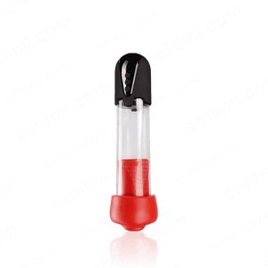 Red and black male sex toy with a clear top on a green background with 'sohimi.com' text.