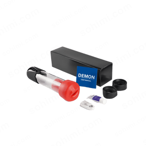 male sex toy product set with packaging and accessories on a green background with 'sohimi.com' branding.