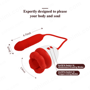Red and white device with measurements and feature text on a white background