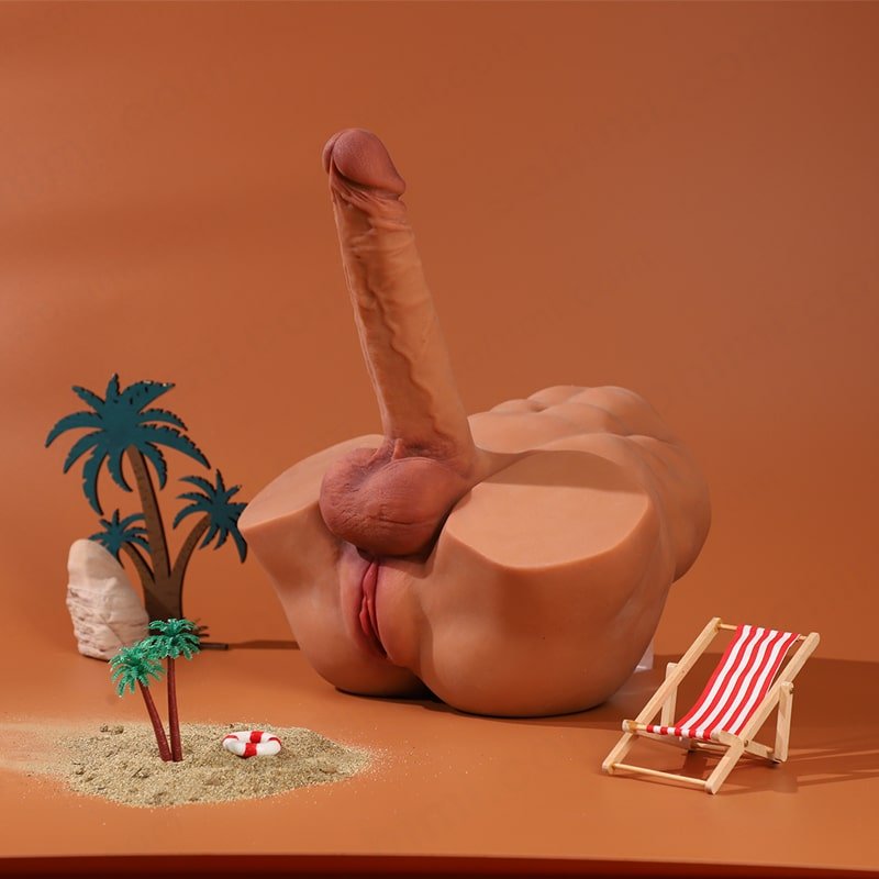 Lifelike Doll with dildo with a beach scene on an orange background