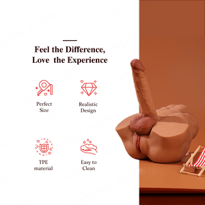 Realisttic sex doll toy with promotional text on a green and brown background