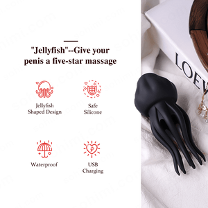 Black jellyfish-shaped Penis Trainer with promotional text on a green background