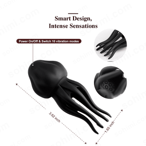 Black octopus-shaped Penis Trainer with vibration modes on a green background with 'sohimi.com' branding.
