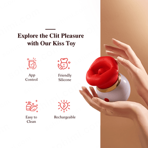 Red and white kiss toy held by hands with promotional text on a green background