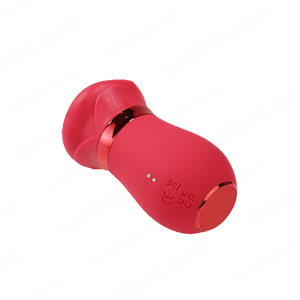 Red tongue sex toy with a brand logo on a green background with 'sohimi.com' text.