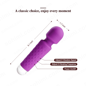 Purple electronic device with measurements and feature text on a white background