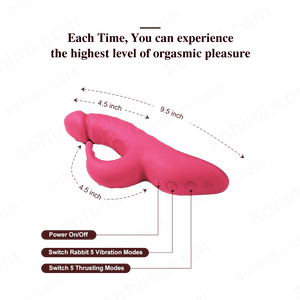 Pink sexual product with dimensions and feature labels on a white background