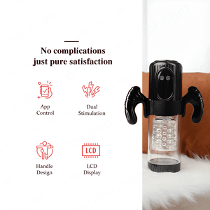 Black Male masturbator device with clear container on a white background, featuring 'sohimi.com' branding.