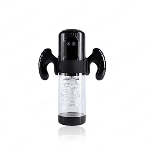 Black and clear Male masturbator with handles on a transparent background with 'sohimi.com' branding.