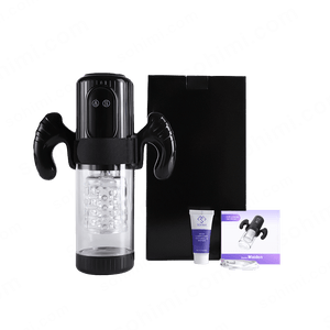 Black and clear device with packaging and accessories on a branded background