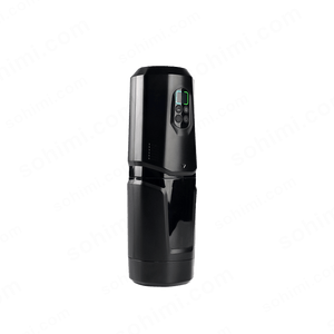 Black Thrusting and Rotating Vibration Male Masturbation Cup on a green background with 'sohimi.com' text.
