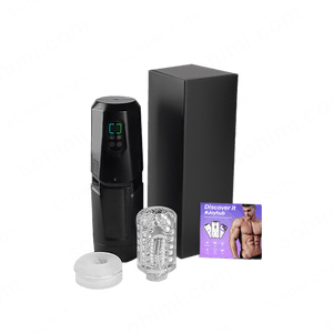 Product set with a black electronic device, packaging, and accessories on a branded background.