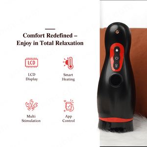 Black and red electronic device with control panel on a white background, featuring text about comfort and relaxation.