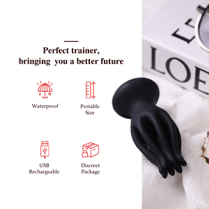 Black penis trainer with text and icons on a green background, featuring 'sohimi.com'.