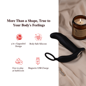 Black silicone anal vibrator with green text overlay on a white background