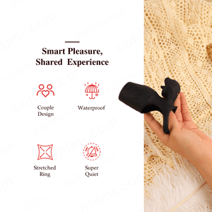 Black Cock Ring held by a hand with product features listed on the left.