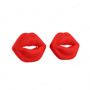 Red lips-shaped earrings on a green background with 'sohimi.com' branding.