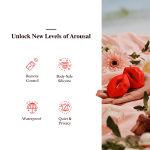 Product advertisement with red silicone toys on a floral background, featuring 'sohimi.com' branding.