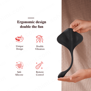 Black remote control device held by a person with promotional text on a green background