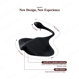 Black anal plug with measurements and feature descriptions on a white background
