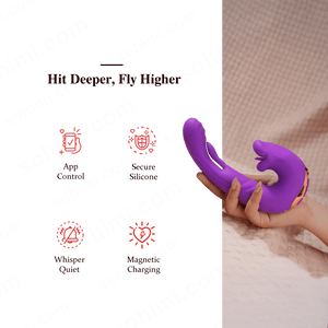 Purple silicone product held by a hand with promotional text and branding on a green background.