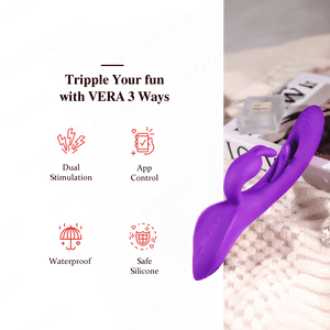 Purple silicone toy with promotional text on a textured surface