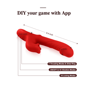 Red product with measurements and feature text on a green background