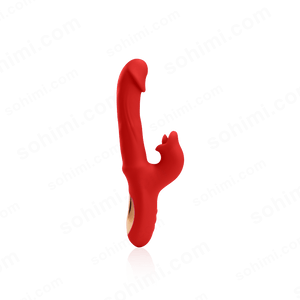 Red silicone female vibrator on a green background with 'sohimi.com' text.