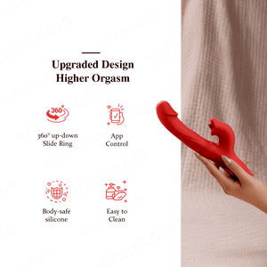 Red sex toy held by a hand with promotional text on a green background