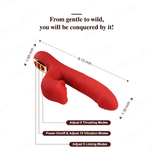 Red toy with measurement details and text on a white background