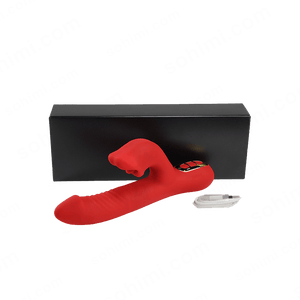 Red electronic device with USB cable on a white background