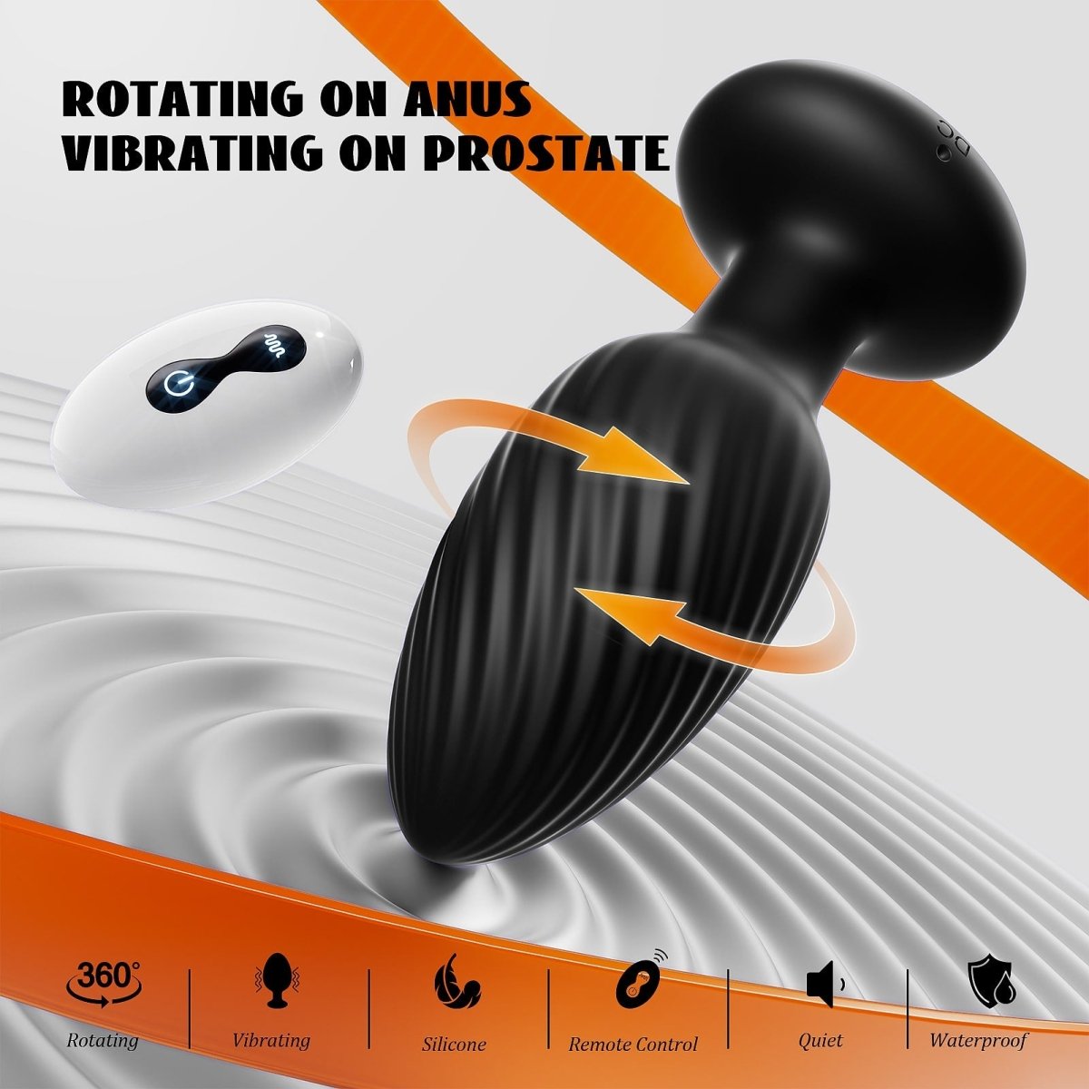 a butt plug with a remote control and text rotating on anus vibrating on prostate
