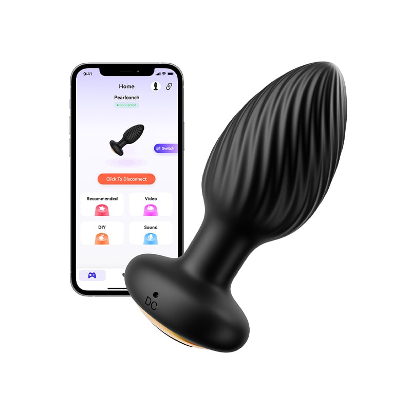 Black electronic device resembling a butt plug with smartphone displaying app interface on a white background