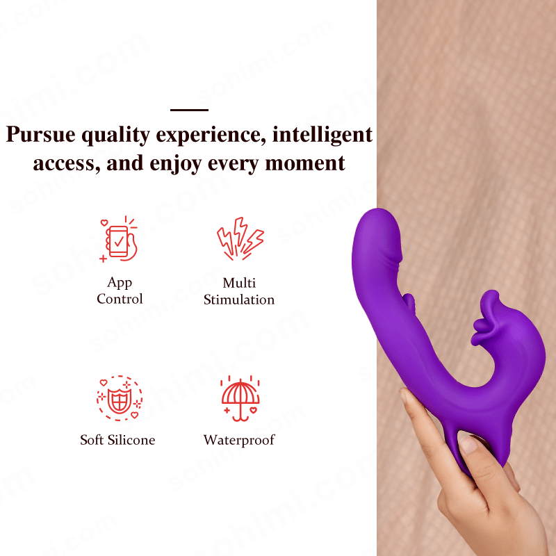 Purple silicone toy held by a hand with promotional text and 'sohimi.com' branding on a green background.