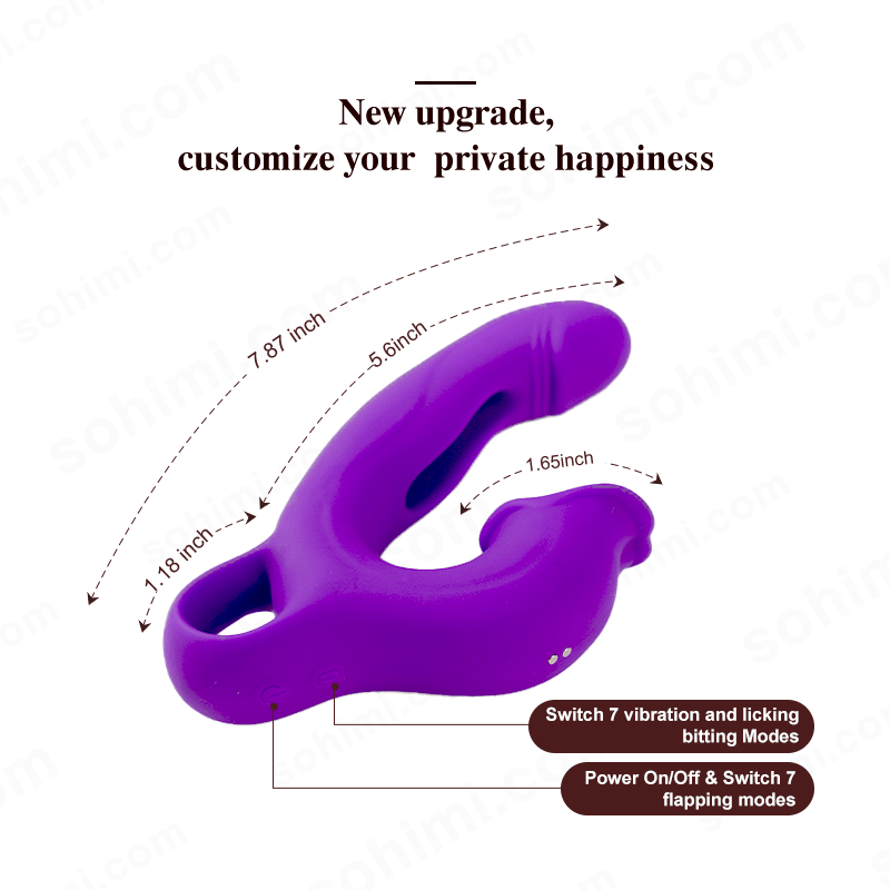 Purple silicone female vibrator with text on a green background