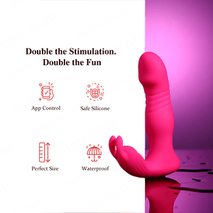 Pink rabbit vibrator with promotional text and 'sohimi.com' branding on a green and purple background.