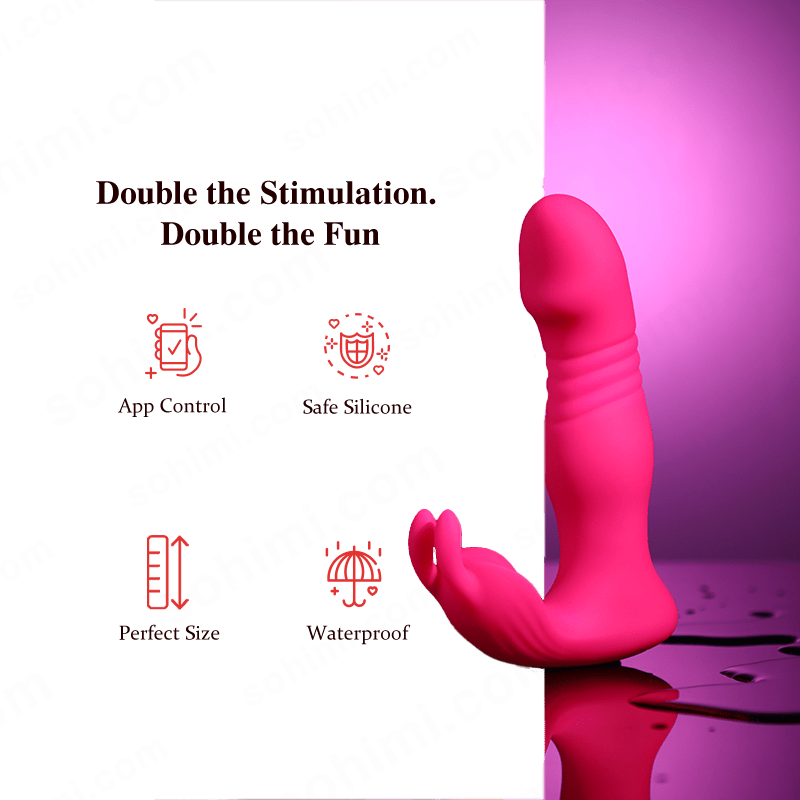 Pink rabbit vibrator with promotional text and 'sohimi.com' branding on a green and purple background.