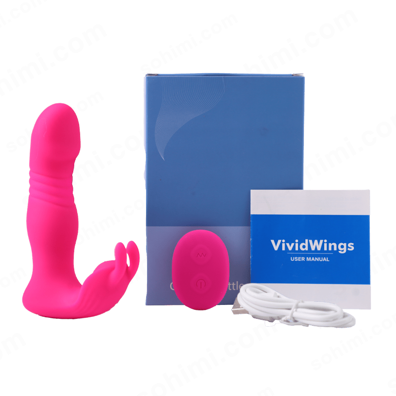 Pink sexual vibrator with blue packaging and user manual on a green background with 'sohimi.com' watermark.