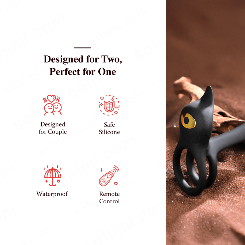 Black cat-shaped silicone ring with yellow eye on a brown background, 