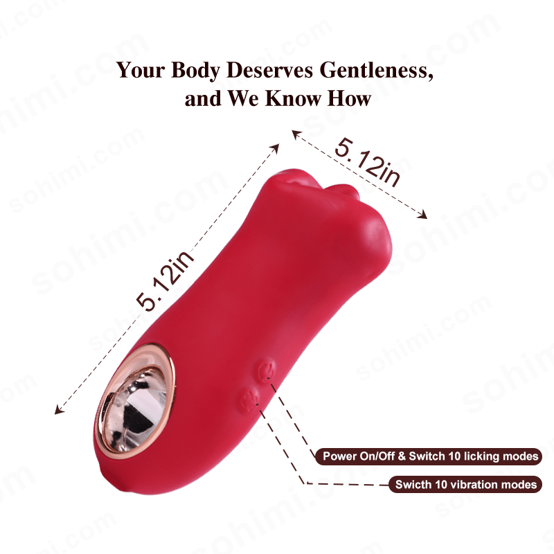 Red and gold sex toy with text about gentleness on a green background