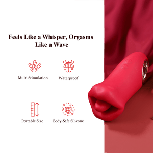 Red silicone product with green label detailing features on a red background