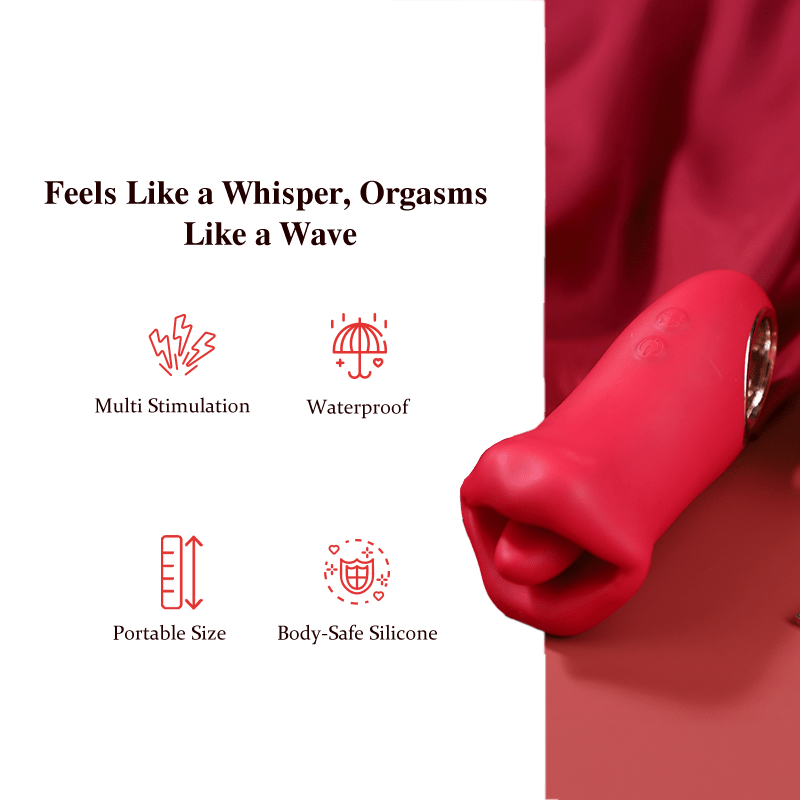 Red silicone product with green label detailing features on a red background