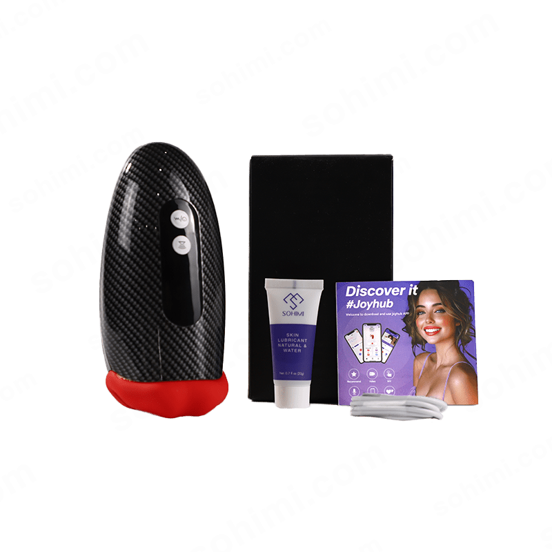 Black and red sex toy, black box, purple tube, and purple flyer with a woman's face on a green background with 'sohimi.com' branding.