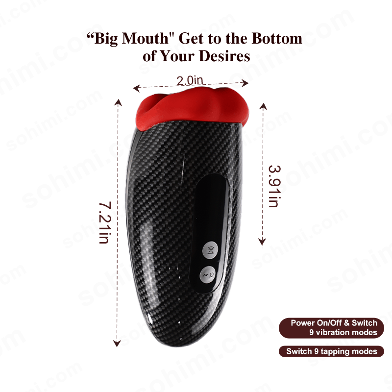 Black and Red Male masturbator with dimensions and features on a green background with 'sohimi.com' branding.